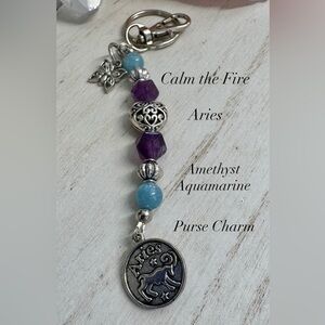 2/$40 Amethyst & Aquamarine Aries Gemstone Purse Charm Keychain